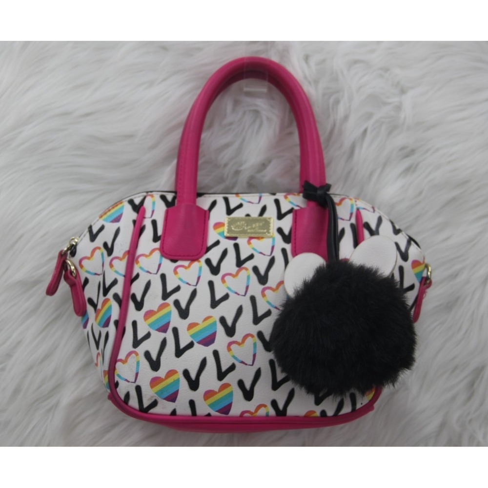 Luv Betsey By Betsey Johnson Women Handbag White Pink Mini Satchel Pom Pom Charm